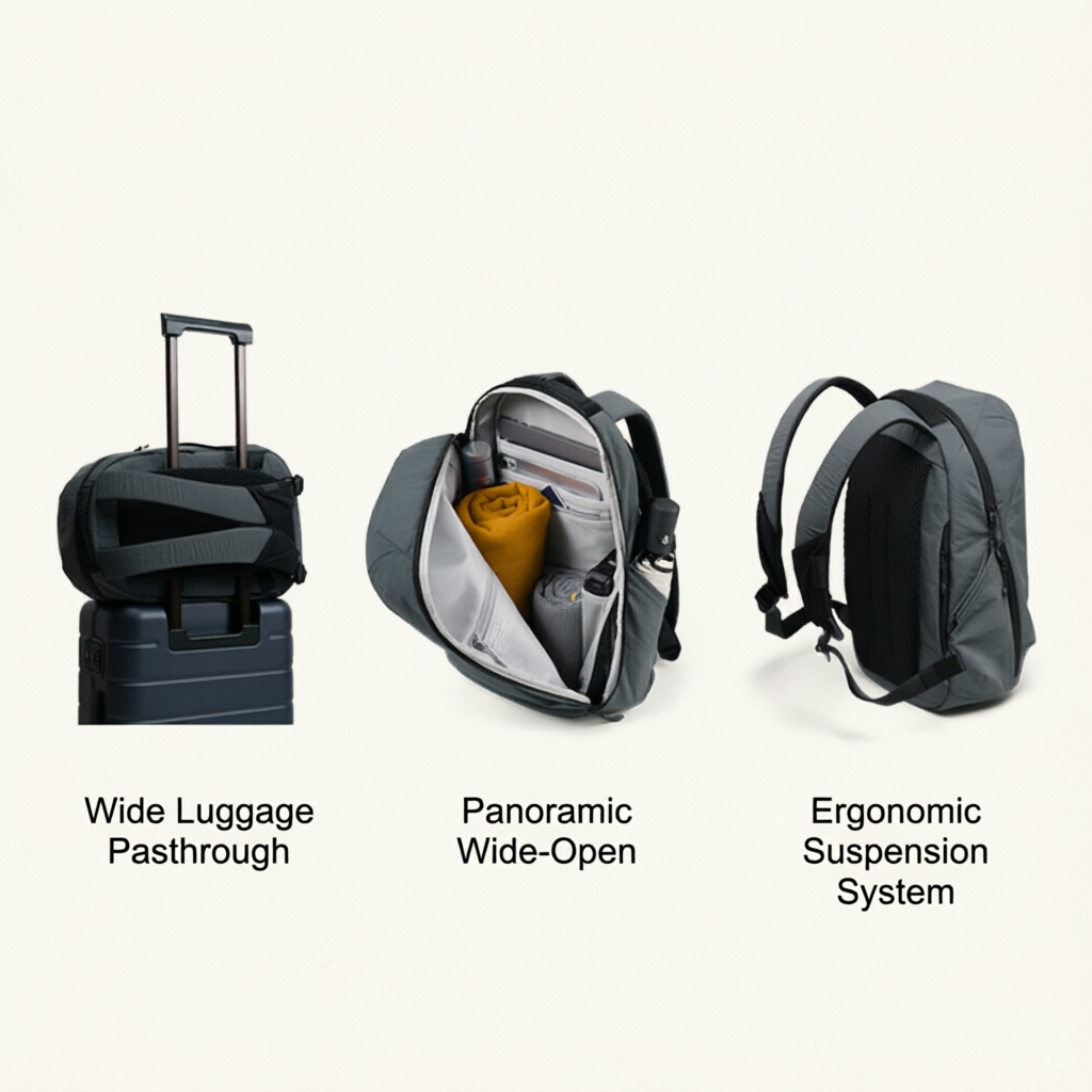 Three feature views of dark gray travel backpack on off-white background; left wide luggage passthrough sleeve attached to rolling suitcase, middle panoramic wide-open interior storage layout, right rear ergonomic suspension back panel, labeled text for each functional design, travel backpack feature comparison banner