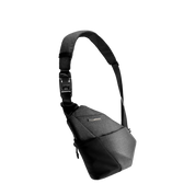 Hanging full transparent PNG render of Gray Shadow Grid FINO V Ultra-slim Tech Sling crossbody bag, right-handed geometric textured nylon anti-theft chest fanny pack with complete adjustable woven shoulder strap and quick-release buckle, checkered transparent background, lightweight waterproof minimalist tech sling bag for men daily commute and outdoor travel storage