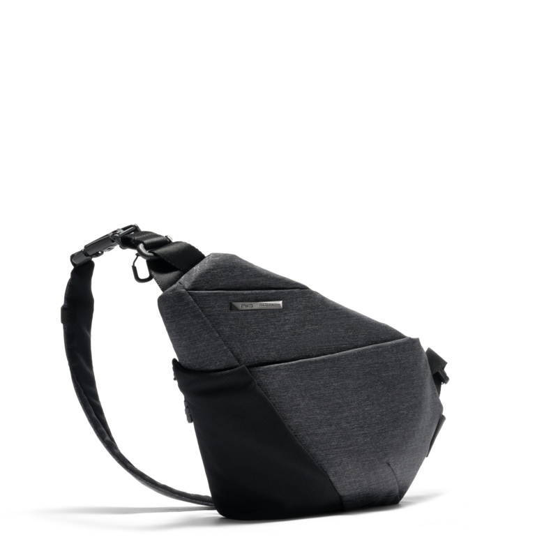 Side view transparent cutout PNG of Gray Shadow Grid FINO V Ultra-slim Tech Sling crossbody bag, right-handed geometric woven nylon anti-theft chest fanny pack with adjustable shoulder strap, checkered transparent background, lightweight waterproof minimalist tech sling bag for urban daily carry