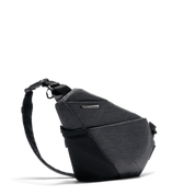 Side view transparent cutout PNG of Gray Shadow Grid FINO V Ultra-slim Tech Sling crossbody bag, right-handed geometric woven nylon anti-theft chest fanny pack with adjustable shoulder strap, checkered transparent background, lightweight waterproof minimalist tech sling bag for urban daily carry