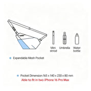 FINO V Ultra-slim Tech Sling expandable mesh pocket feature graphic, holds mini tripod, umbrella, water bottle, fits two iPhone 16 Pro Max, pocket dimension labeled, white background schematic