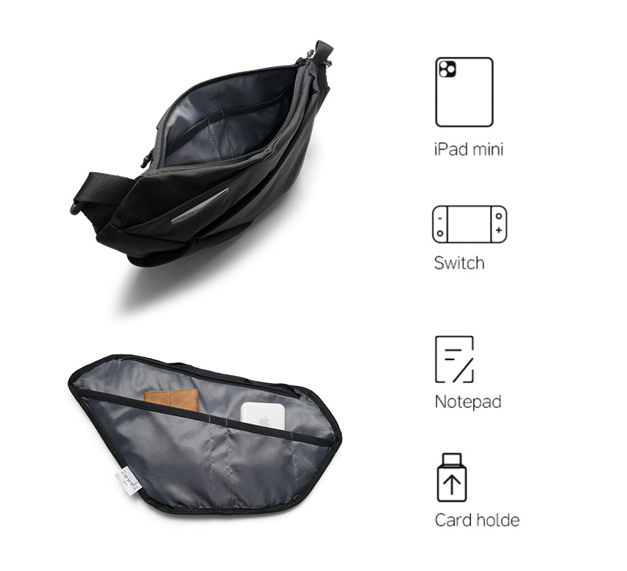 FINO V Ultra-slim Tech Sling crossbody bag open compartments, storage fit for iPad mini, Nintendo Switch, notepad and card holder, black nylon sling bag on white background