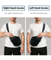 FINO V Ultra-slim Tech Sling split screen comparison chart, right hand access for right-handed users and left hand access for left-handed users, model wearing black crossbody sling bag white tee gray background