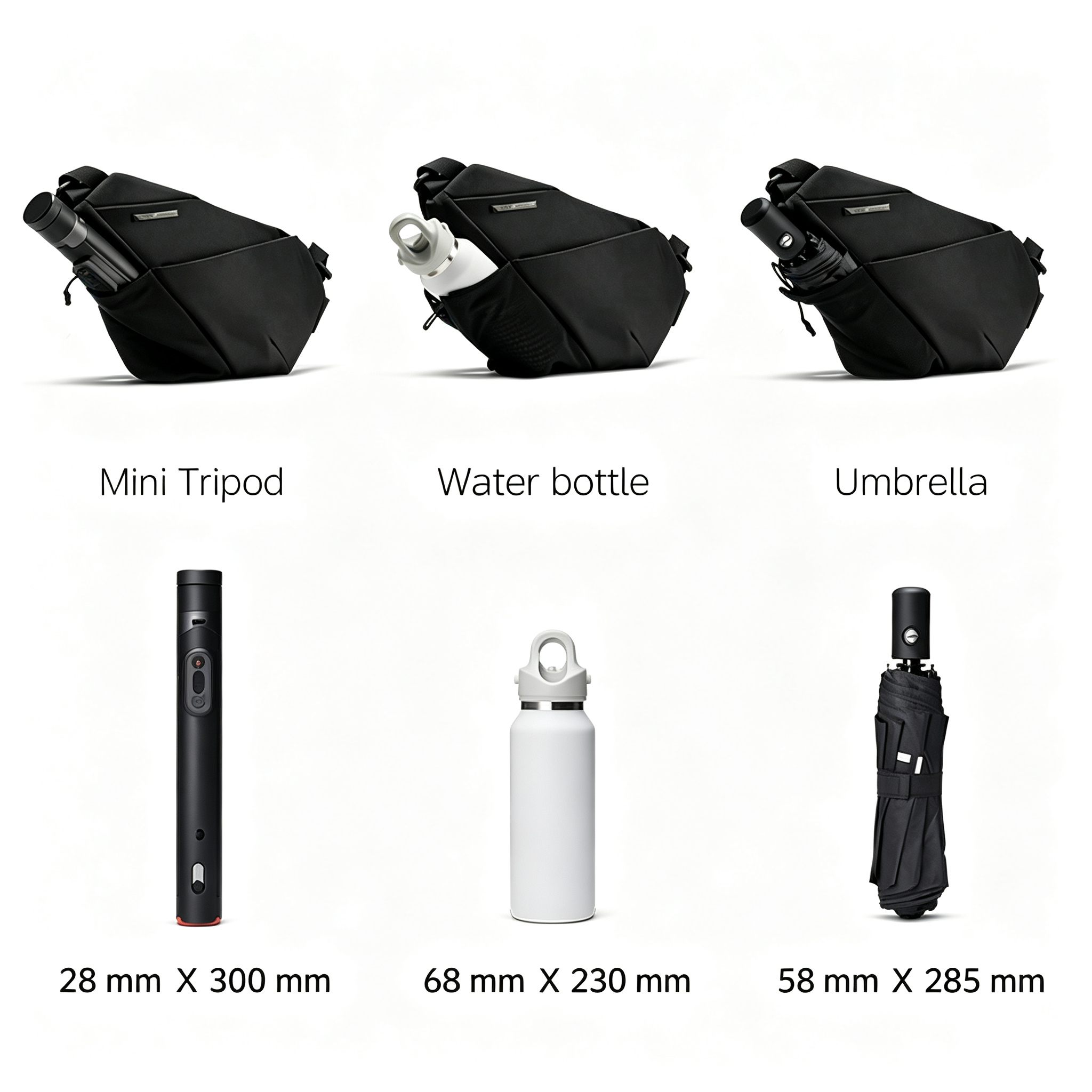 FINO V Ultra-slim Tech Sling crossbody bag side expandable mesh pocket capacity chart, fits mini tripod, water bottle and umbrella with size dimensions marked, white background product feature image