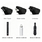 FINO V Ultra-slim Tech Sling crossbody bag side expandable mesh pocket capacity chart, fits mini tripod, water bottle and umbrella with size dimensions marked, white background product feature image