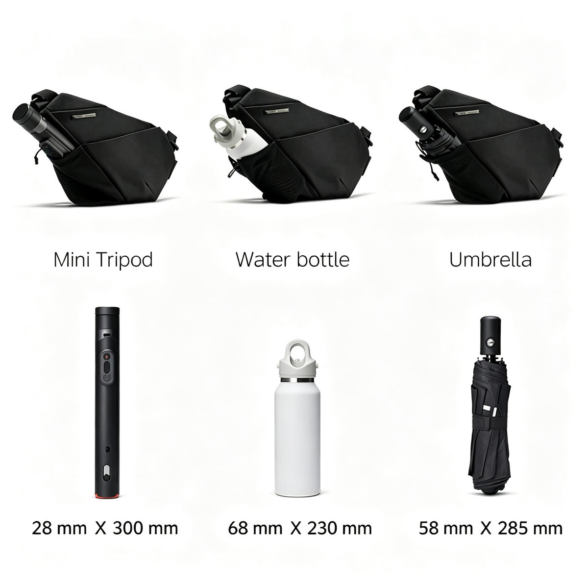 FINO V Ultra-slim Tech Sling crossbody bag side expandable mesh pocket capacity chart, fits mini tripod, water bottle and umbrella with size dimensions marked, white background product feature image