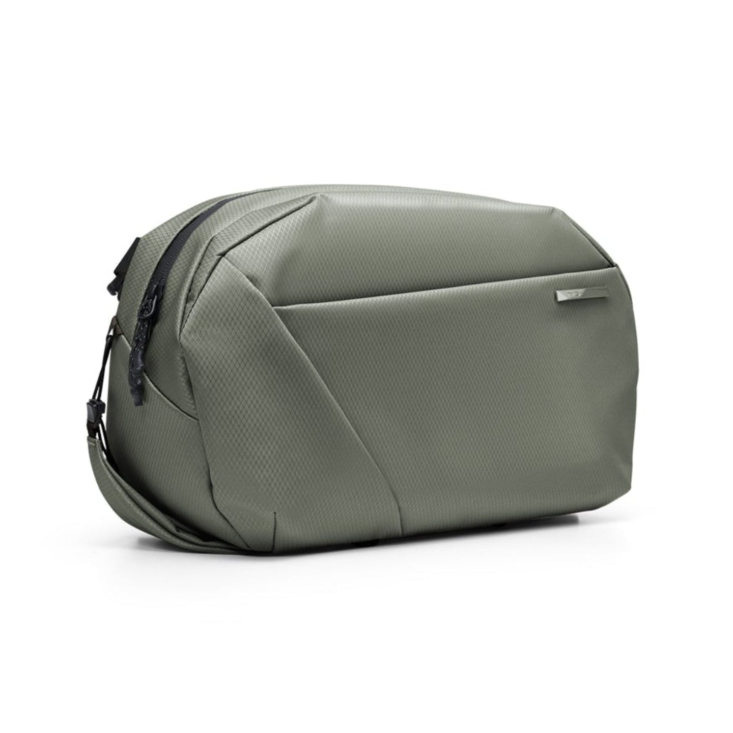 Front studio shot of Dewy Moss NIID NEO Nomad 9L Sling Bag N2, geometric diamond grid waterproof nylon crossbody chest pack for men unisex, minimalist single compartment tech sling bag with front slip pocket, clean white 1:1 square e-commerce product background