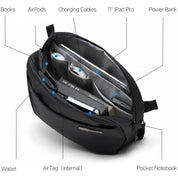 Open black NIID NEO Nomad 9L N2 sling bag interior storage diagram with labeled pockets for wallet, AirPods, charging cables, 11" iPad Pro, power bank, internal AirTag slot and pocket notebook