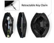 Three-panel top-down interior diagram of Black Jacquard NIID R1 Radiant Hybrid Sling crossbody bag, multi-compartment storage demo with daily EDC gear, inset close-up of built-in retractable key chain hardware, labeled functional layout showcase on white background