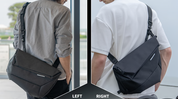 Split-panel lifestyle comparison shot of NIID R1 Radiant Hybrid Sling crossbody bag, left side Gray Shadow Grid worn over left shoulder, right side Black Jacquard worn over right shoulder, adjustable strap crossbody carry demo for daily commute, outdoor background