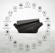 Meteorite black NIID R1 Radiant Urban Sling crossbody bag capacity infographic, circular icons list all compatible daily gadgets including iPad, camera, power bank, earbuds, wallet and accessories, light gray textured background showing multi-storage function for work and travel