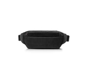 Back flat shot of Indigo NIID RO Radiant Chest Bag, herringbone textured nylon crossbody pack with rear silicone strip fixed by metal snap rivets, adjustable side straps