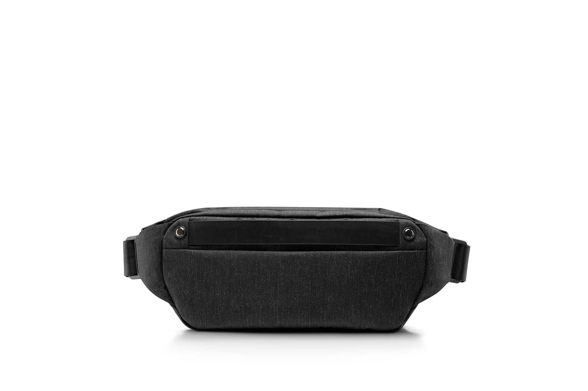Back flat shot of Indigo NIID RO Radiant Chest Bag, herringbone textured nylon crossbody pack with rear silicone strip fixed by metal snap rivets, adjustable side straps