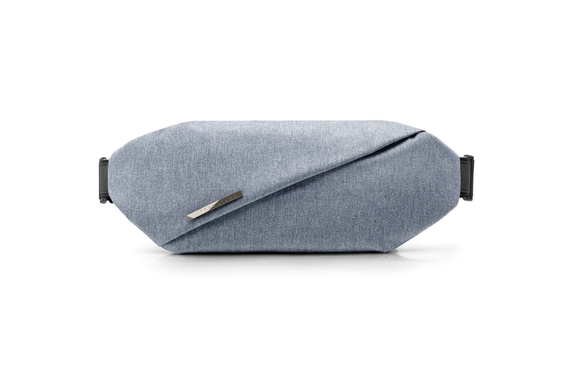 Front flat studio shot of Foggy Blue NIID RO Radiant Chest Bag, soft textured waterproof nylon crossbody chest fanny pack with diagonal fold cover and engraved metal brand plate, adjustable side shoulder straps
