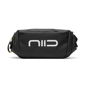 Front straight-on shot of black NIID S6 Hybrid Sling crossbody chest bag with prominent large white NIID logo on front panel, minimalist plain white studio background