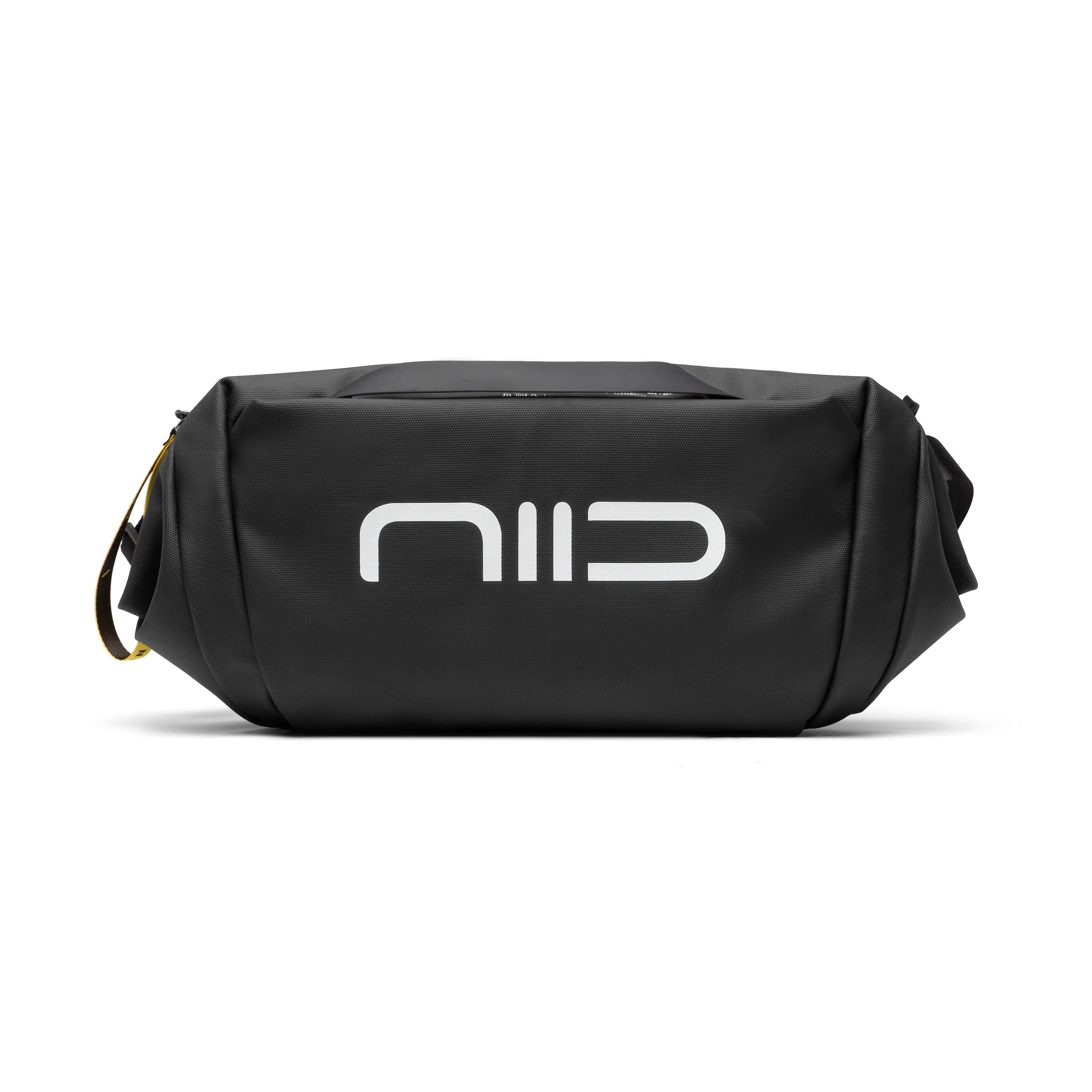 Front straight-on shot of black NIID S6 Hybrid Sling crossbody chest bag with prominent large white NIID logo on front panel, minimalist plain white studio background