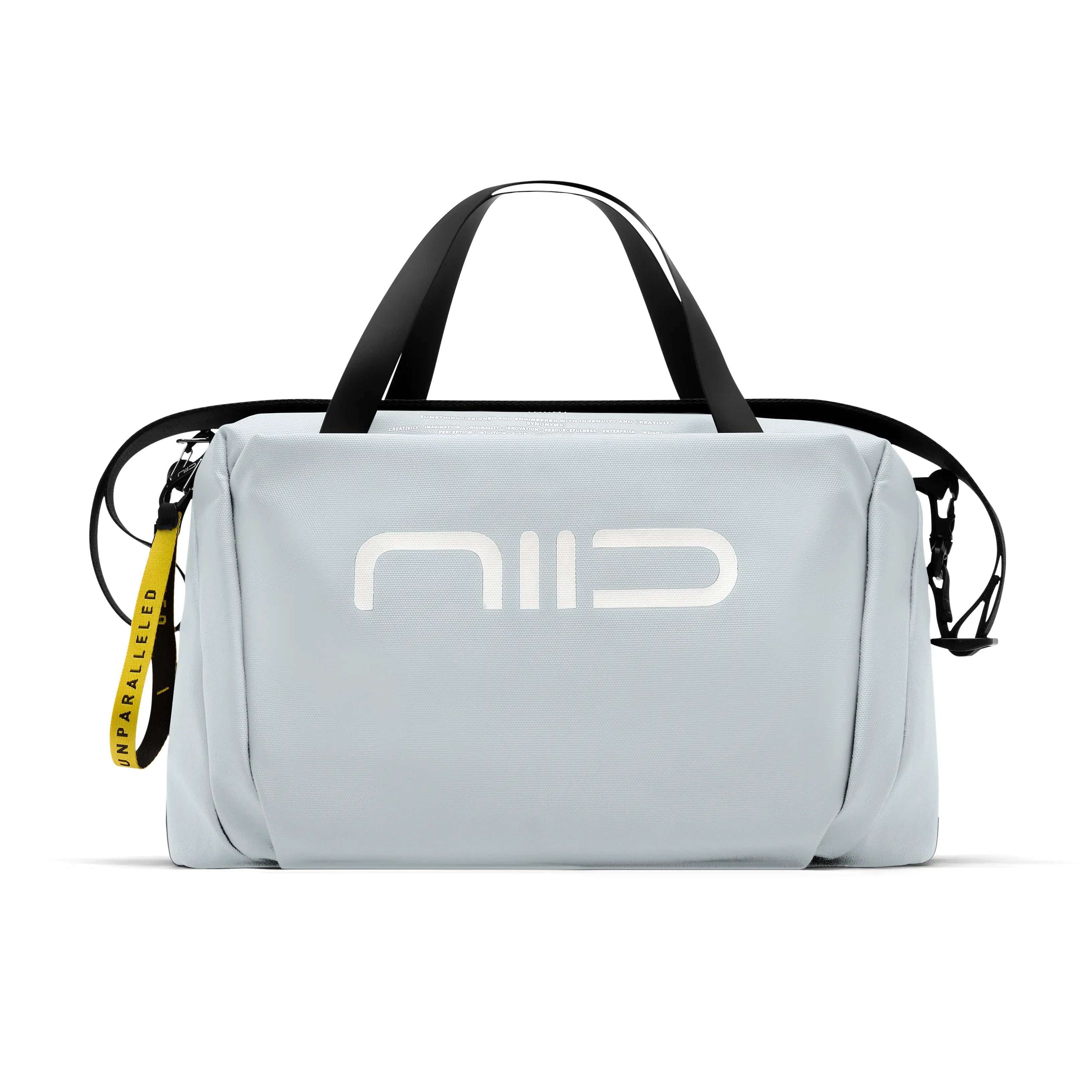Gray NIID S6 Hybrid Sling crossbody chest bag with white NIID logo, black top handles, detachable shoulder strap and yellow branded tag, lightweight convertible synthetic sling bag for men women, clean white square background main product shot