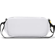Back detail shot of white NIID S6 Hybrid Sling crossbody bag, fitted with black adjustable shoulder strap and yellow zipper pull tab, rear flat structure display on plain white background