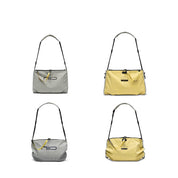 Square studio 2×2 grid comparison chart of NIID ST@TEMENT S7 Tote Bag in Cool Gray & Buttercup dual colorways; top row rigid flat silhouette, bottom row slouch drawstring version, yellow branded zipper tape, front logo detail, adjustable mixed shoulder straps, isolated on clean white background for color and shape reference