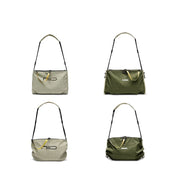 Square studio 2×2 grid comparison shot of NIID ST@TEMENT S7 Tote Bag in Khaki/Olive dual colorways, flat structured version top row, drawstring slouch version bottom row, yellow branded zipper tape, front NIID logo, adjustable dual-texture shoulder straps, isolated on pure white background for color & silhouette reference