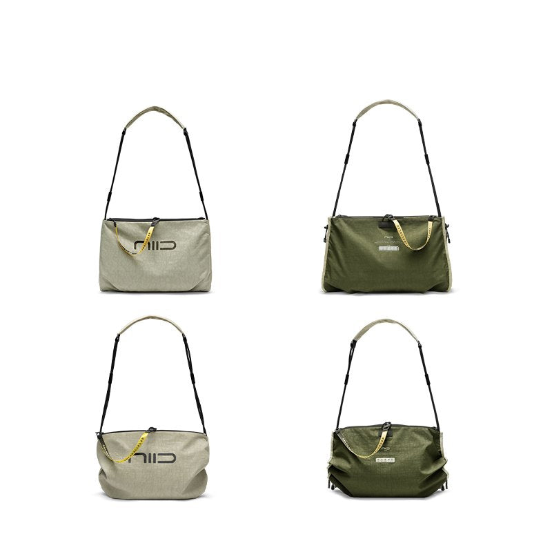 Olive dual colorways, flat structured version top row, drawstring slouch version bottom row, yellow branded zipper tape, front NIID logo, adjustable dual-texture shoulder straps, isolated on pure white background for color & silhouette reference