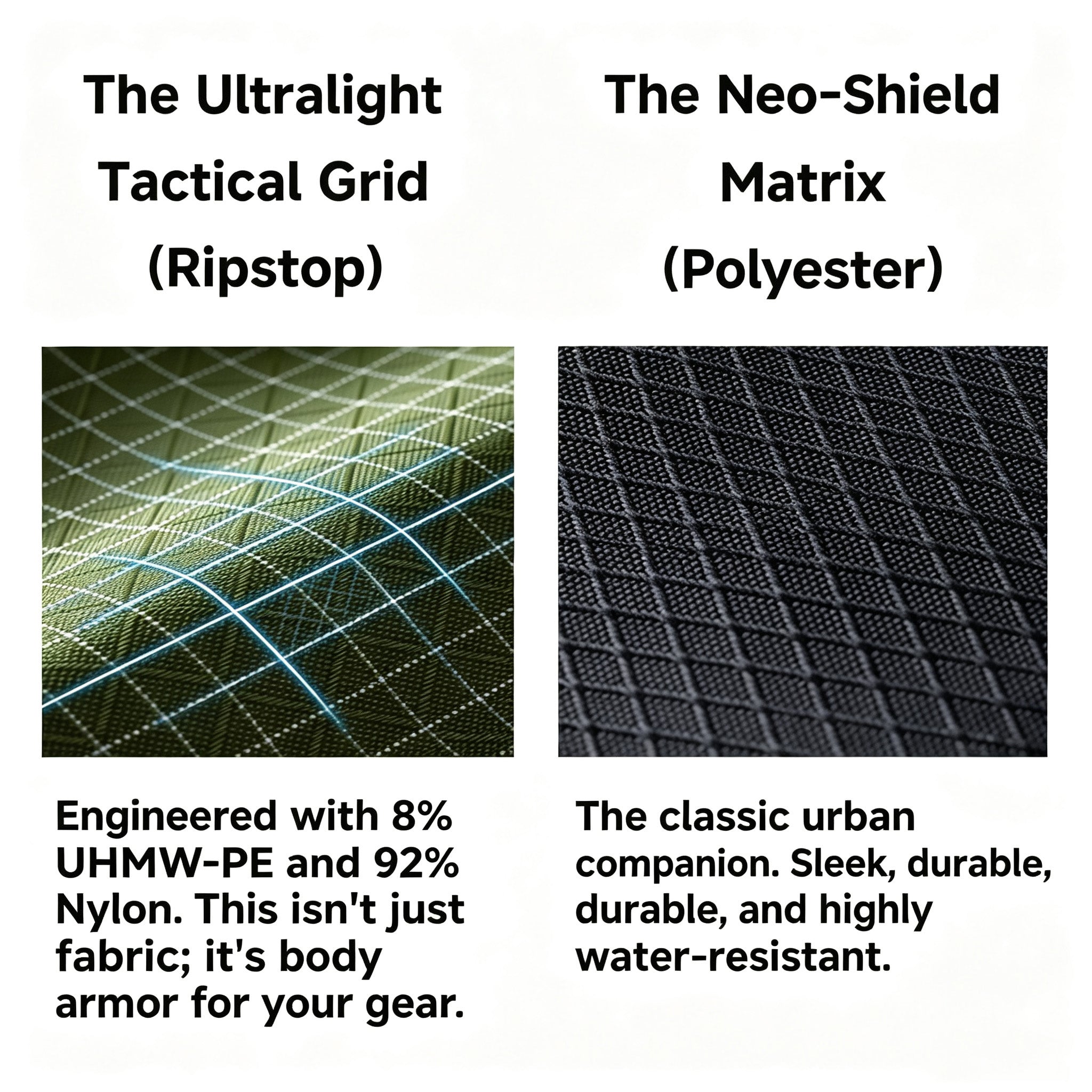 Side-by-side fabric comparison infographic for NIID bags, featuring Ultralight Tactical Grid Ripstop woven with UHMW-PE & Nylon and Neo-Shield Matrix water-resistant Polyester, close-up texture shots with material performance text on clean white background