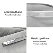 Four-panel premium detail infographic for NIID sling bags, showcasing inner woven brand label with slogan "Funded by dreamers. Built for creators." and polished metal brand logo hardware on grid textured fabric, minimalist white layout highlighting luxury brand finishing details