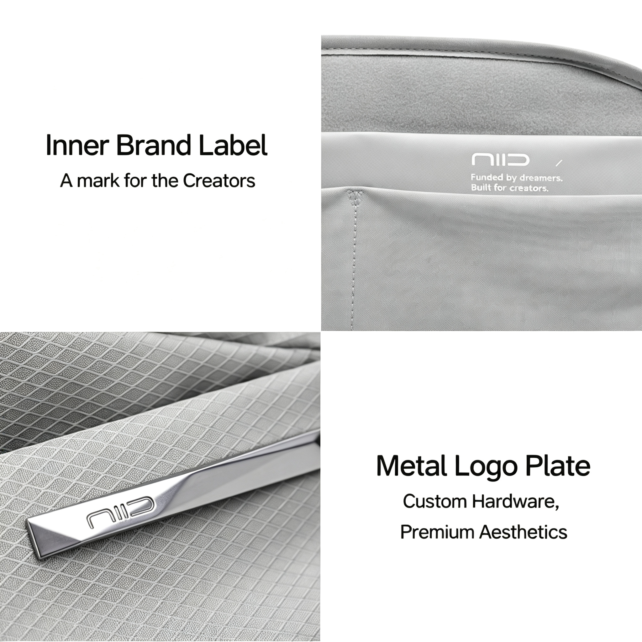 Four-panel premium detail infographic for NIID sling bags, showcasing inner woven brand label with slogan 