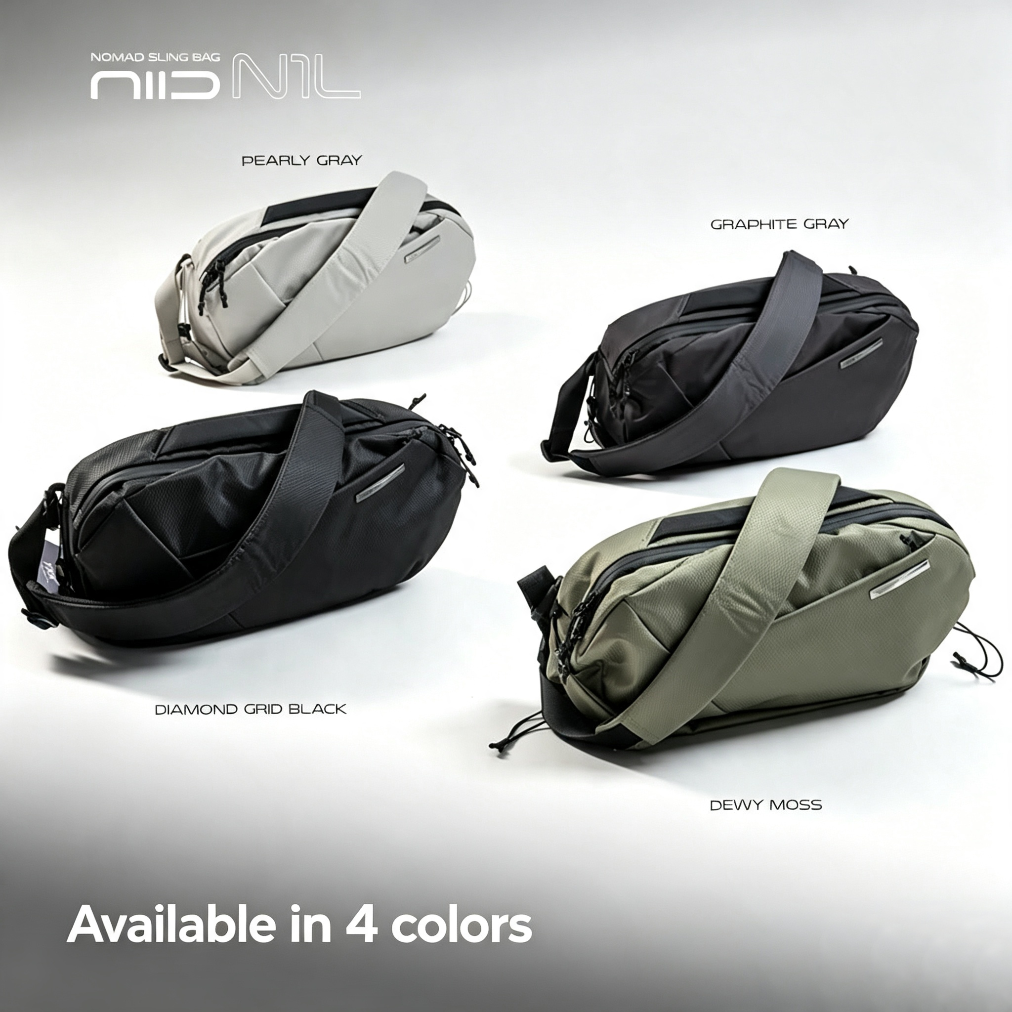 1:1 square studio banner for NIID N1 Nomad crossbody sling bag, showcasing all 4 available color variants on soft light gray gradient background: Pearly Gray, Graphite Gray, Diamond Grid Black, Dewy Moss. Minimal top header text 