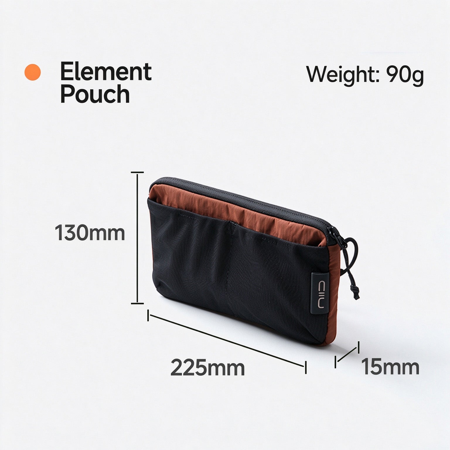 NIID NEO Element Pouch in black with terracotta lining, dimension chart showing 225 x 130 x 15mm, 90g weight.