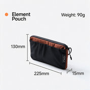 NIID NEO Element Pouch in black with terracotta lining, dimension chart showing 225 x 130 x 15mm, 90g weight.