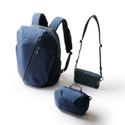 NIID NEO Nomad Backpack N4 bundle in Prussian Blue showing backpack, Tech Pouch and Element Pouch with crossbody strap.