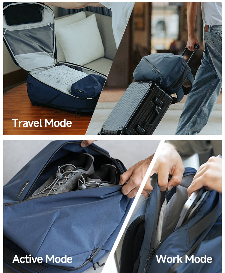 NIID NEO Nomad Backpack N4 in Prussian Blue showing three modes: Travel Mode with suitcase, Active Mode with shoes, Work Mode with laptop, usage scenario collage.