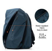 NIID NEO Nomad Backpack N4 in Prussian Blue close-up of water-repellent fabric with water droplets, easy to clean material detail.