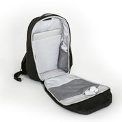 NIID NEO Nomad 30-32L Backpack N4 in Roman Black open showing laptop sleeve, water bottle pocket and front mesh pocket with earbuds and charger.
