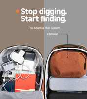NIID NEO Nomad Backpack N4 in Venetian Red showing Adaptive Hub System, open compartment with tech gadgets and optional removable Tech Pouch organizer.