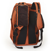 NIID NEO Nomad Backpack N4 in Venetian Red, back view showing padded shoulder straps and mesh Tech Pouch attached to strap system.