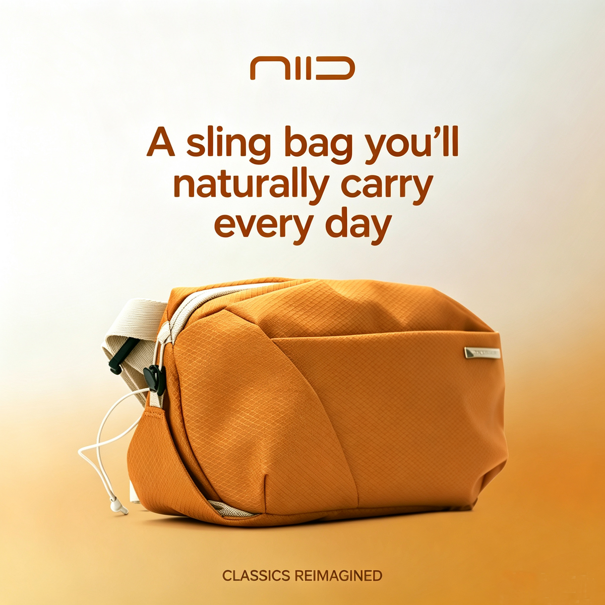 NIID NEO Nomad 4L Sling Bag‑N1 Amber Orange unisex waterproof crossbody sling bag, promotional graphic poster with NIID logo and marketing text