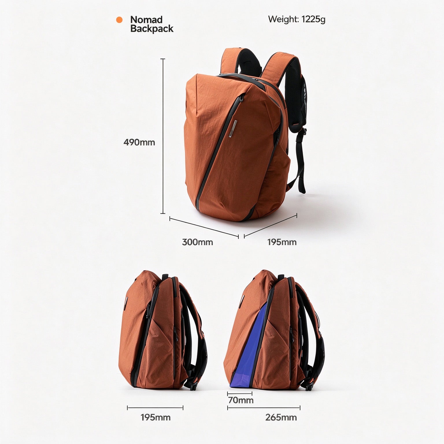 NIID NEO Nomad Backpack N4 in Venetian Red, dimension chart showing 490 x 300 x 195mm closed, expands to 265mm, 1225g weight.