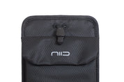 Close-up of Diamond Grid Black Nomad Pouch front flap showing NIID logo, black drawstring cord lock and fabric eyelets.