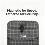 Close-up front shot of gray grid NIID NEO Nomad Pouch NP mini crossbody pouch with NIID logo and black magnetic drawstring clasp, white background with headline Magnetic for Speed. Tethered for Security.