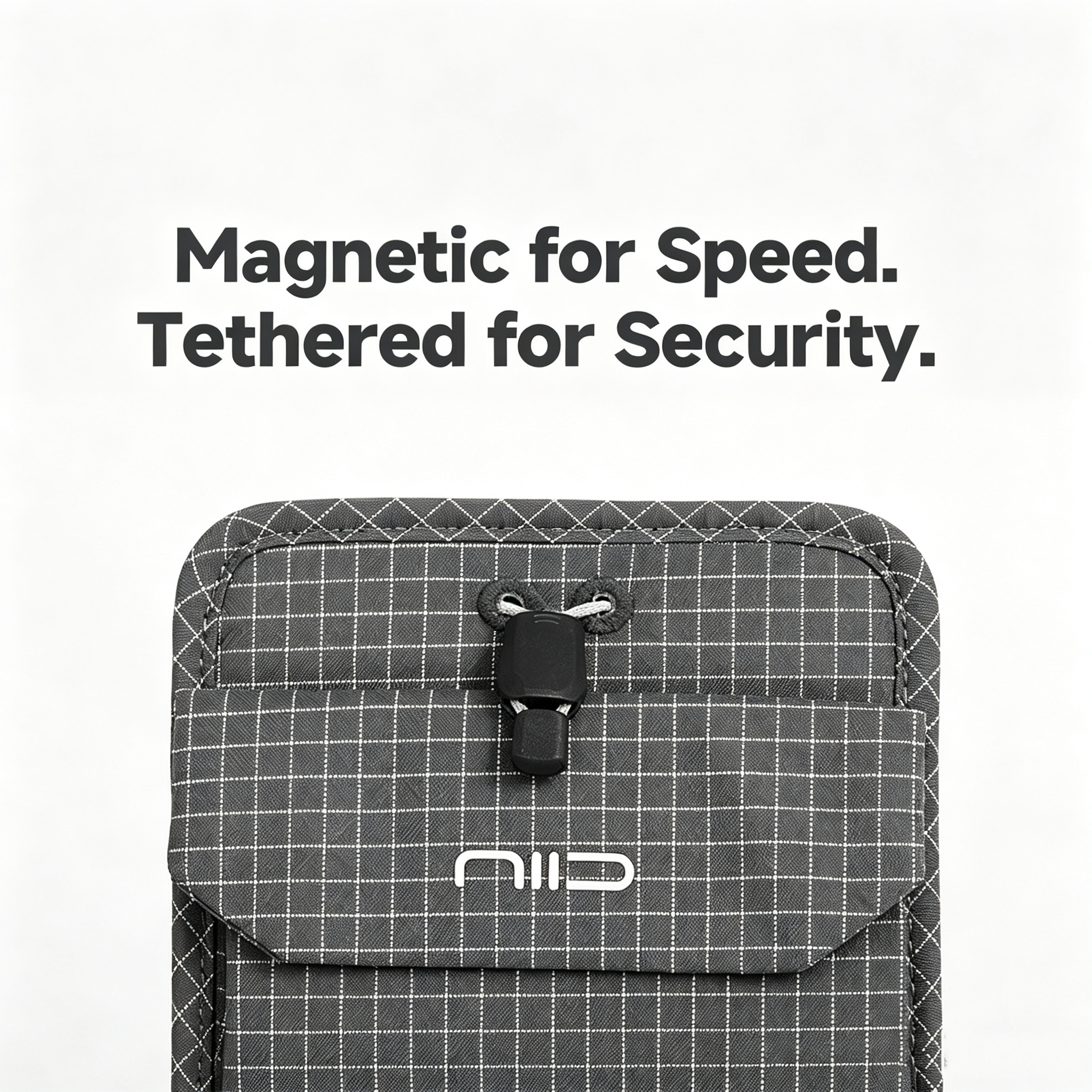 Close-up front shot of gray grid NIID NEO Nomad Pouch NP mini crossbody pouch with NIID logo and black magnetic drawstring clasp, white background with headline Magnetic for Speed. Tethered for Security.