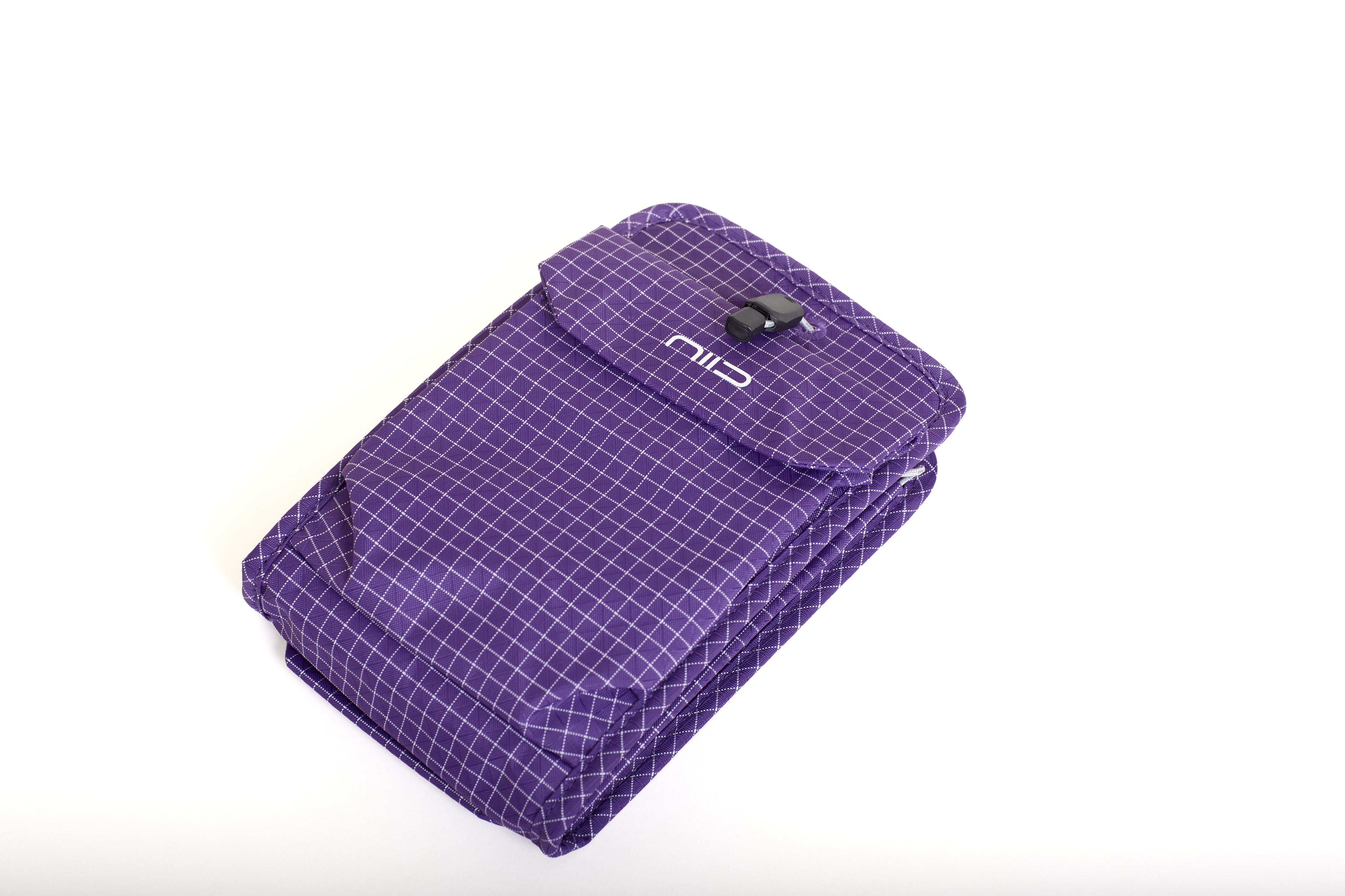 NIID NEO Nomad Pouch in Nebula Purple Ripstop, angled front view closed showing drawstring clasp and NIID logo flap.
