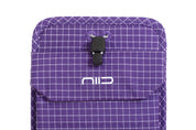 Close-up of Nebula Purple Nomad Pouch front flap showing NIID logo, black drawstring cord lock and fabric eyelets.