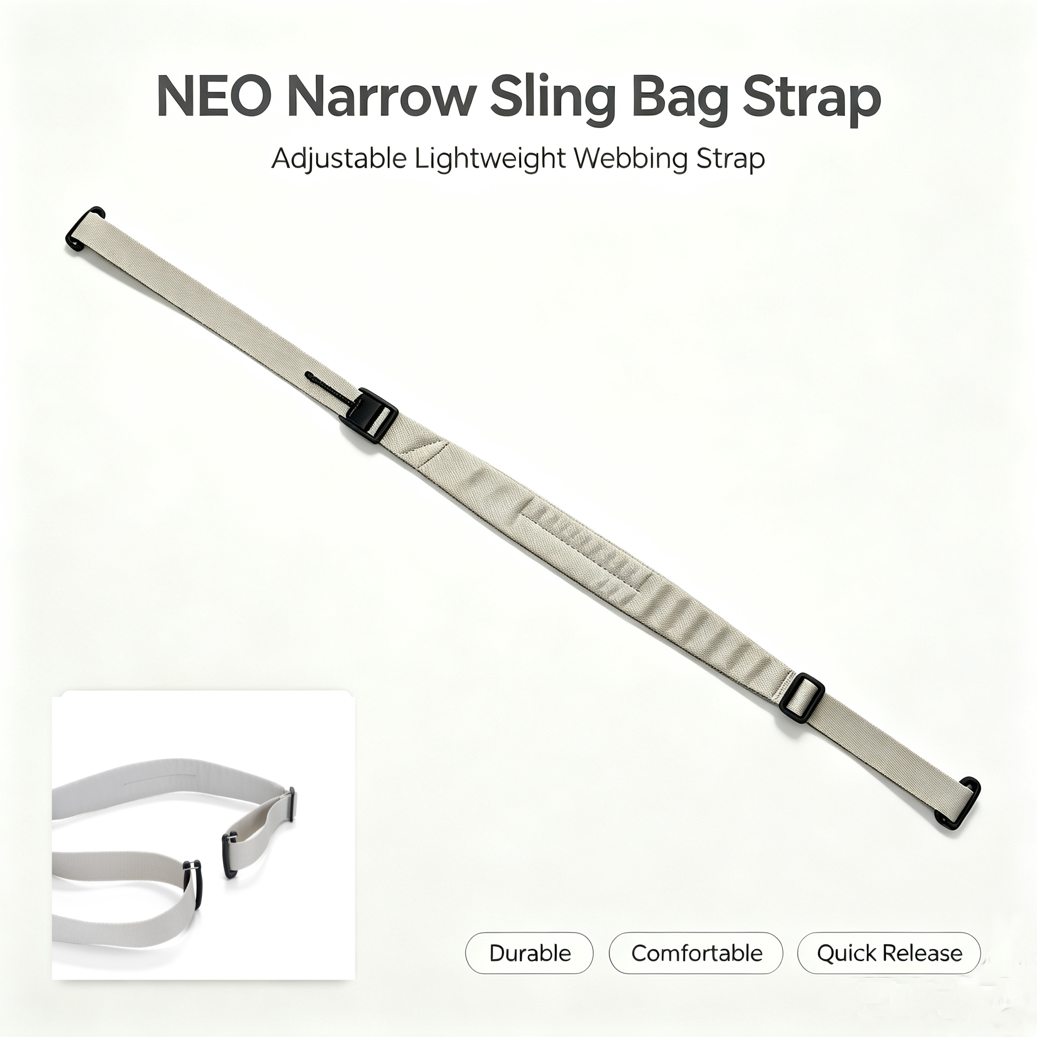 NIID NEO Nomad Sling Bag N1 Narrow Adjustable Webbing Strap, light gray lightweight replacement shoulder strap with black plastic buckles, durable comfortable quick release design, product graphic on plain white background