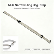 NIID NEO Nomad Sling Bag N1 Narrow Adjustable Webbing Strap, light gray lightweight replacement shoulder strap with black plastic buckles, durable comfortable quick release design, product graphic on plain white background