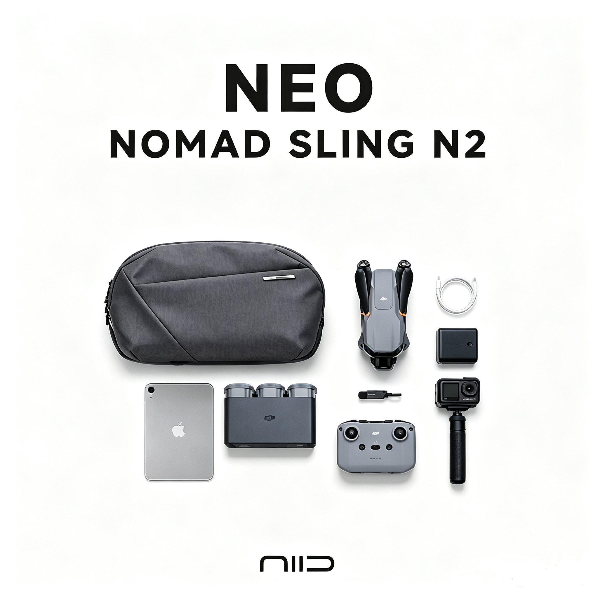 NIID NEO Nomad Sling N2 dark gray crossbody bag flat lay on clean white background, matched with DJI Neo drone, charging case, remote controller, action camera, gimbal, iPad tablet and USB cable, large text "NEO NOMAD SLING N2" at top, NIID brand logo at bottom, minimalist tech travel sling pack display