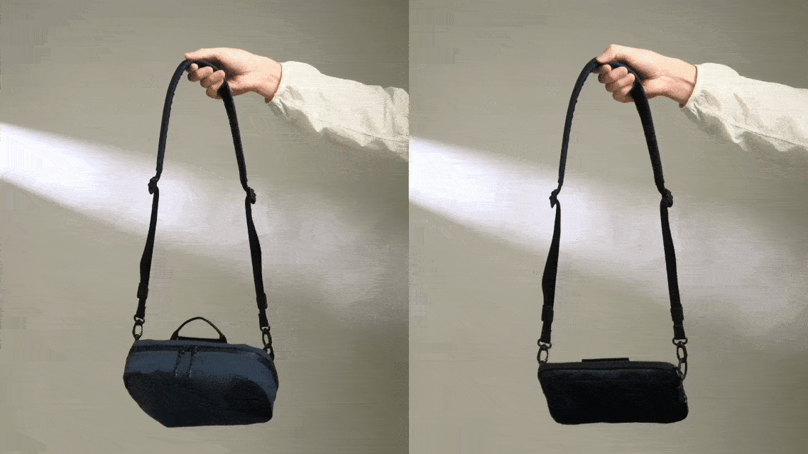 Side-by-side comparison animation of Tech Pouch: Prussian Blue soft shape vs FortiTex Black Cordura structured shape, held by shoulder strap.