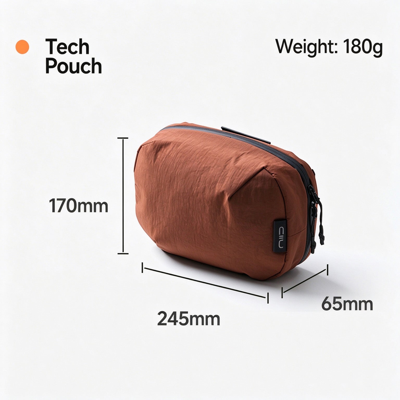 NIID NEO Tech Pouch in Venetian Red, dimension chart showing 245 x 170 x 65mm, 180g weight.