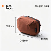 NIID NEO Tech Pouch in Venetian Red, dimension chart showing 245 x 170 x 65mm, 180g weight.